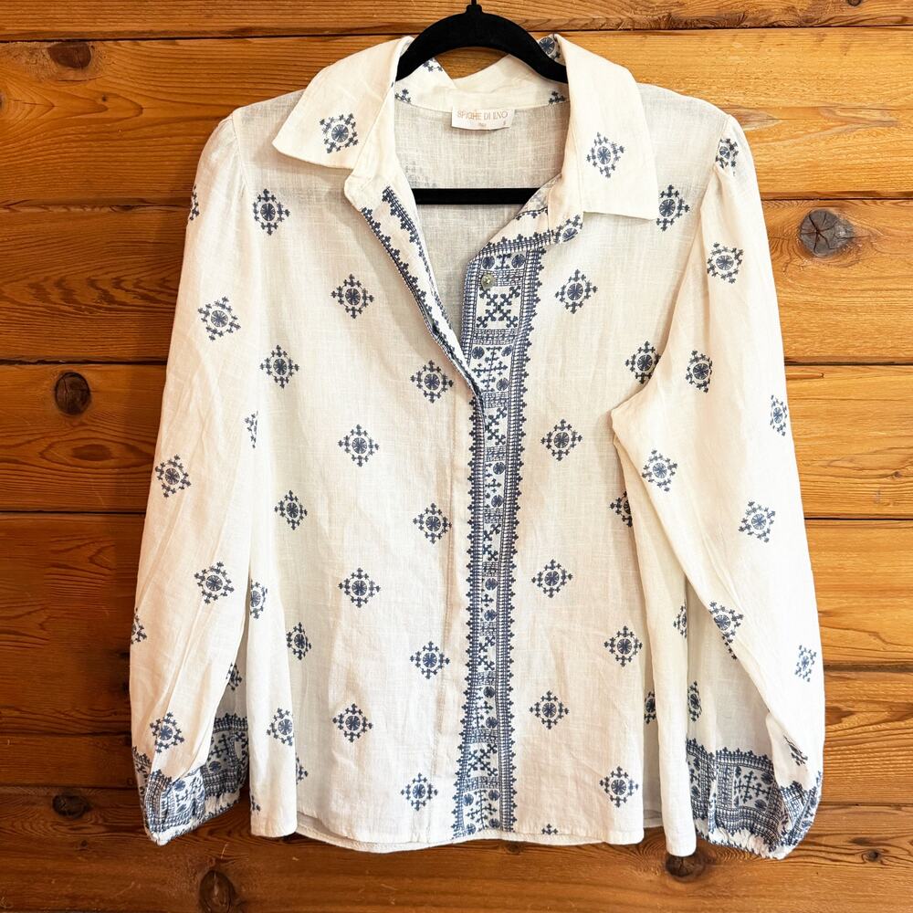 Spighe Di Lino Peasant Sleeve Shirt Small Linen Blue and White